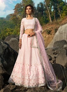 Shop Bollywood Lehenga - Baby Pink Designer Embroidery Wedding Lehenga Choli At Hatkay Blush Pink Lehenga, Engagement Lehenga, Party Wear Lehenga Choli, Work Lehenga, Bollywood Lehenga, Indian Bridal Lehenga, Lehenga Online, Net Lehenga, Lehenga Choli Online