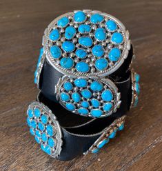 Cluster Turquoise and Sterling Silver Navajo Concho Belt Stamped "Sterling," unsigned by artist 133 stones 308.7 grams total weight  38" total length  Will fit 30-36" waist in current condition  Belt replaceable for additional fee Flagstaff Az, Concho Belt, Flagstaff, Kingman Turquoise, Suspender Belt, Suspenders, Turquoise Bracelet, Turquoise, Sterling Silver