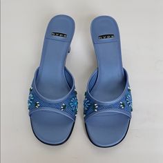 Beautiful Blue Hue 2” Inch Heels Knit Beaded And Sequins / Green, Blue, White Brand New Summer Embellished Blue Heels, Spring Evening Beaded Heels, Beaded Heels For Formal Summer Events, Summer Formal Beaded Heels, Spring Beaded Open Toe Heels, Hype Shoes, 2 Inch Heels, White Brand, Blue Hues