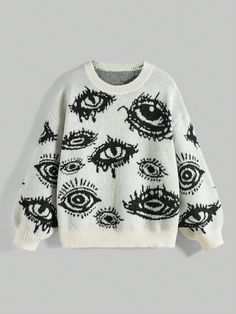 Eyes Pattern Drop Shoulder Sweater Multicolor Casual  Long Sleeve Knitwear Graphic Pullovers Slight Stretch  Women Clothing, size features are:Bust: ,Length: ,Sleeve Length: Mushroom Style Clothes, Eyes On Clothes, Eyeball Sweater, Oversized Graphic Sweater, Weirdcore Clothes, Eye Clothing, Leopard Clothes, Graphic Knit Sweater, Space Clothes