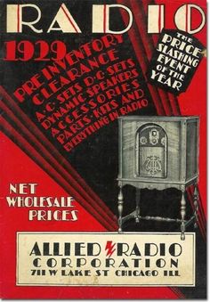 an old radio advertisement with the words radio station on it's front cover, in black and red