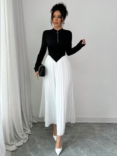 Elegant Black & White Patchwork Ruffle Hem Dress With Zipper Decor, Autumn/Winter Maxi Women Outfit Black and White Elegant  Long Sleeve Knitted Fabric Colorblock A Line Medium Stretch  Women Clothing, size features are:Bust: ,Length: ,Sleeve Length: Winter Maxi, Fall Leggings, Elegant Dresses For Women, Loungewear Women, Ruffle Hem Dress, Women Maxi, Women Long Dresses, Womens Loungewear, Inspiration Mode