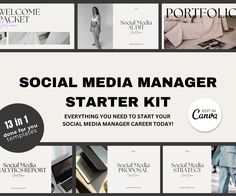 the social media manager starter kit is shown in black and white, with images of people