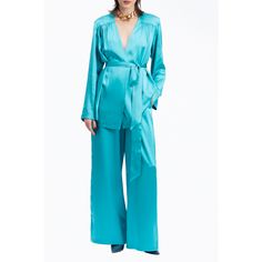 Danam's 'Jane' Top Hits The Style Sweet Spot Between A Comfy Robe And A Tailored Blazer. Made From Silk-Satin In A Pretty Turquoise Hue, It's Gently Pleated At The Bodice And Has Ties To Cinch The Shape. Style It With Leather Pants And Pencil Skirts Alike. The One Size Fit Comfortably Accommodates Sizes Xs-L. Color: Turquoise Fabrication: 100% Silk Care: Dry Clean One Size Fit Elegant Silk Sets For Night Out, Chic Silk Evening Sets, Elegant Satin V-neck Sets, Blue Silk Evening Sets, Blue Silk Evening Set, Blue Satin Long Sleeve Sets, Blue Long Sleeve Satin Sets, Comfy Robe, Black Silk Jumpsuit