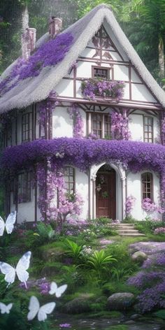 a white house with purple flowers on the roof and windows is surrounded by greenery