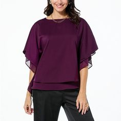 Nina Leonard Double Layer Hi-Low Kimono Top   Create your own signature style with this fun, elegant dolman-sleeve top that complements your favorite bottoms. Chic Long Sleeve Top With Overlay, Chic Party Top With Overlay, Chic Purple Tops For Evening, Chic Party Tops With Overlay, Chic Purple Evening Tops, Elegant Crew Neck Top For Layering, Elegant Long Sleeve Tops With Overlay, Chic Purple Short Sleeve Tops, Elegant Batwing Sleeve Tops For Spring