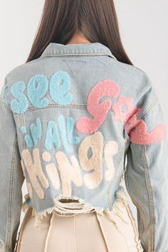 Spring Graphic Print Denim Jacket, Medium Wash Graphic Print Outerwear For Spring, Medium Wash Outerwear With Graphic Print For Spring, Spring Cotton Denim Jacket With Graphic Print, Trendy Acid Wash Button-up Denim Jacket, Spring Medium Wash Outerwear With Graphic Print, Trendy Winter Denim Jacket With Patches, Trendy Long Sleeve Denim Jacket With Patches, Trendy Cotton Denim Jacket With Patches