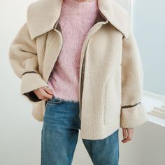 A comfy oversized jacket with teddy fleece lining and suede look reversible side. Zippered front and large teddy fleece pockets. Model is wearing MINUSEY ONE SIZE. * MINUSEY ONE SIZE = EU 34-38, US 2-6* 100% Polyester* Dry clean* Made in Korea- Model Height: 173cm/5'8" (US4, EU36) Casual Shearling Outerwear With Faux Fur Lining, Oversized Winter White Outerwear For Everyday, Oversized Outerwear With Faux Fur Lining For Cold Weather, Oversized Outerwear In Winter White For Everyday, Cream Shearling Outerwear For Fall, Beige Sherpa Outerwear With Faux Fur Lining, Fall Sherpa Outerwear With Plush Lining, Everyday Winter Outerwear With Fleece Lining, Cold Weather Shearling Outerwear With Pockets