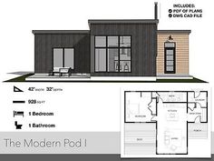 the modern pool house plan is shown in two different colors and features an open floor plan,