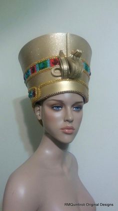 Nefertiti Gold Egyptian Crown Gold Egyptian Hat Halloween | Etsy Gold Halloween Costume, Cleopatra Headdress, Egyptian Crown, Gold Halloween, Fantasy Fest, Crown Gold, Rave Festival, Historical Clothing, Burning Man