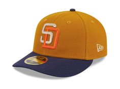 the san francisco giants new era 59fifty fitted hat is shown in gold and navy