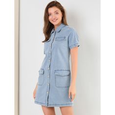 The dress features a point collar, a button-down design, and a belt for a casual chic look. Pair it with ankle boots or chunky sneakers for a casual look. This denim shirt dress is a good choice for fall or spring. A belt gathering around the waist brings a feminine touch. Add another cooler-season dress to your assortment with this style. It has short sleeves, a flattering tie waist, and plenty of practical pockets. Fastened with a full placket at the front, this piece can be paired well with p Casual Short Sleeve Belted Denim Dress, Casual Belted Short Sleeve Denim Dress, Casual Short Sleeve Denim Dress With Belt, Casual Belted Denim Dress With Short Sleeves, Trendy Button-up Denim Dress For Workwear, Casual Collared Denim Dress For Fall, Trendy Buttoned Denim Dress For Work, Collared Denim Dress With Button Closure For Work, Casual Blue Denim Dress With Buttoned Pockets