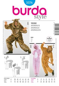 an adult and child's animal onesuits sewing pattern from burda style