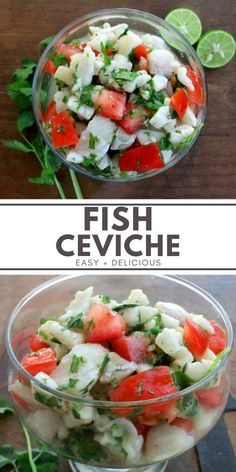 fish ceviche salad in a glass bowl on top of a wooden table