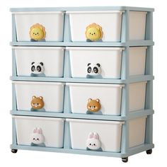 the toy chest is filled with plastic containers and stuffed animals on it's sides