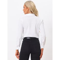 This leotard shirt features a collared neckline, providing a polished and professional look suitable for business casual occasions. Stay stylish and sophisticated with this versatile bodysuit top. This bodysuit top is a versatile wardrobe staple that can be paired with various bottoms, such as skirts, trousers, or jeans. Effortlessly create different looks for both formal and casual occasions. Suit for spring/autumn and many occasions, such as office, shopping, coffee shop, formal wear, etc. Semi-formal Fitted Top With Collared Neckline, Solid Lapel Collar Tops For Office, Elegant Stretch Button-up Top, Solid Color Blouse With Lapel Collar For Work, Fitted Lapel Collar Blouse For Office, Elegant Fitted Collared Top, Tailored Top For Business, Fitted Blouse With Lapel Collar For Office, Semi-formal Solid Color Office Lady Top