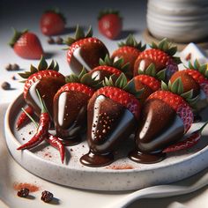 chocolate covered strawberries sit on a plate with sauce drizzled over them