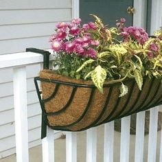 a planter filled with flowers on the side of a white porch rail next to a door