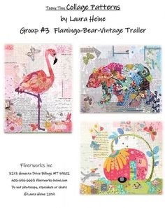 three flamingo - bear vintage trailers are featured in the collage patterns by lauren heine