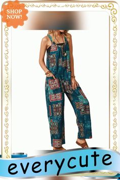 Women Summer Baggy Retro Jumpsuit Vintage Printed Loose Casual Sleeveless Overall Long Romper Playsuit Trousers Pants Cotton Maxi-length Jumpsuits And Rompers For Summer, Relaxed Fit Full-length Jumpsuits And Rompers With Pockets, Flowy Sleeveless Bohemian Jumpsuit/romper, Retro Jumpsuit, Bohemian Printed V-neck Jumpsuits And Rompers, Non-stretch Sleeveless Bohemian Jumpsuit, Jumpsuit Vintage, Trousers Pants, Long Romper