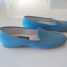 Comfortable Light Blue Leather Around The House Or Out Of The House Slippers Padded Insole With Arch Support - Rubber Bottoms - Small 3/4" Heel Size 7 - New Without Tags (Never Worn) Great Gift! Blue Closed Toe Slip-ons, Blue Closed Toe Slip-ons With Leather Sole, Blue Slip-on Moccasins For Spring, Blue Summer Loafers With Rubber Sole, Blue Slip-on Loafers With Flat Heel, Blue Slip-on Moccasins, Blue Moccasins For Spring With Flat Heel, Blue Spring Moccasins With Flat Heel, Blue Spring Moccasins