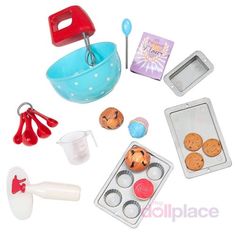 an assortment of play food and baking supplies