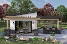 a rendering of a patio with chairs and tables next to a swimming pool in the background