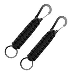 two black paracording straps with metal hooks on each side and an eyelet clip at the end