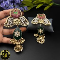 Dera Earring - Earring -925Silver Ornate Gold Dual-tone Earrings, Fusion Style Green Chandelier Earrings For Festive Occasions, Green Fusion Chandelier Earrings For Festive Occasions, Ceremonial Meenakari Temple Jewelry Bridal Earrings, Hand Set Green Kundan Bridal Earrings, Green Kundan Bridal Earrings Hand Set, Ceremonial Silver Bridal Earrings With Intricate Design, Ceremonial Bridal Earrings With Intricate Design In Silver, Silver Bridal Earrings With Intricate Design For Ceremonial Occasions