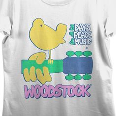 Attend your next music festival (or just music listening session) with this ladies' groovy tee! The Woodstock t-shirt features a big bold image of the legendary music festival's bird and guitar logo that has been professionally printed and applied to outlast any adventure life throws your way. Made of 100% preshrunk cotton, the white t-shirt features short sleeves and a crew neck for clean-cut style and comfort in warmer weather. The Woodstock fan apparel can be machine washed with like colors, Woodstock Logo, Festival Tshirt, Just Music, Groovy Tees, Woodstock Music, Guitar Logo, Music Listening, Adventure Life, Sleeve Packaging