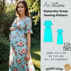 a pregnant woman wearing a blue dress with flowers on it, and the pattern below her is