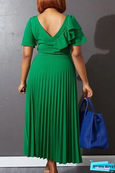 Dew Shoulder Pleated Ruffle Sleeve Maxi Dress | BestDealBuys Elegant Green V-neck Ruffle Dress, Green Ruffled Maxi Dress For Date Night, Spring Peplum Midi Dress With Ruffles, Peplum Midi Dress With Ruffles For Work, Workwear Peplum Midi Dress With Ruffles, Casual Office Dress With Ruffles, Spring Ruffle Office Dress, Green Ruffled Midi Dress For Work, Chic Green Ruffle Sleeve Dress