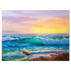 an oil painting of waves crashing on the beach