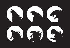 four silhouettes of godzillas in the shape of three circles on a black background