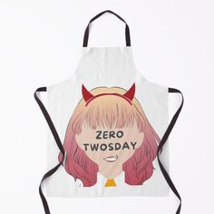 an apron with the words zero twoday on it and a cartoon character wearing horns