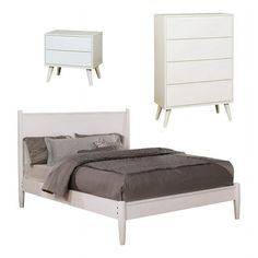 a white bed with two nightstands next to it and a gray blanket on the bed