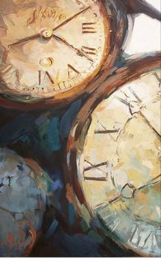 an image of three clocks that are in the painting style with different colors and sizes