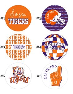 the clemson tigers stickers are shown in four different colors and sizes, including one for each team