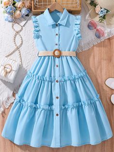 Blue Cute Collar Sleeveless Woven Fabric Plain Shirt Embellished Non-Stretch  Tween Girls Clothing Girls Dress Design, Classy Short Dresses, Fancy Short Dresses, Simple Frock Design, Modest Dresses Fashion, Simple Frocks, African Dresses For Kids, Best African Dresses