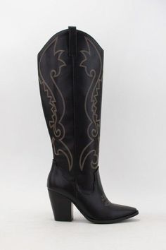 ARCADE EMBROIDERED WESTERN BOOTS 7-11 - West End Boutique Western Black Knee-high Boots With Reinforced Heel, Black Western Knee-high Boots With Reinforced Heel, Western Style Black Knee-high Boots With Reinforced Heel, Western Style Black Platform Boots For Fall, Western Black Knee-high Boots For Fall, Black Western Knee-high Boots For Fall, Black Western Heeled Boots With Wide Calf, Black Western Style Faux Leather Boots, Black Western Heeled Boots For Wide Calves