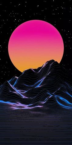 an abstract landscape with mountains and stars in the night sky, as well as a pink sun