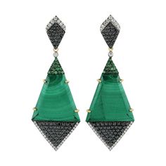 Handcrafted from 18-karat gold, these beautiful earrings are set with 18.35 carats malachite, .21 carats tsavorite and 1.57 carats of glimmering diamonds. FOLLOW MEGHNA JEWELS storefront to view the latest collection & exclusive pieces. Meghna Jewels is proudly rated as a Top Seller on 1stDibs with 5 star customer reviews. All items manufactured by us are handmade and can be customized or redesigned. Composition Size-52X20 MM Total Weight-13.17 Gold Weight(Gms)-9.146 Diamond Wt(Cts)-1.57 Malachi Luxury Malachite Earrings For Gift, Luxury Emerald Diamond Earrings, Luxury Green Emerald Diamond Earrings, Luxury Green Diamond Earrings Gift, Luxury Green Diamond Earrings For Gift, Luxury Green Gemstone Earrings, Green Diamond Earrings For Evening, Luxury Green Pierced Earrings, Green Luxury Pierced Earrings