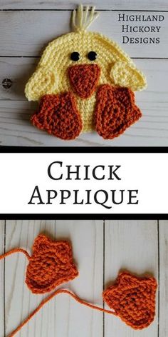 crocheted chick applique is shown with the words chicken applique