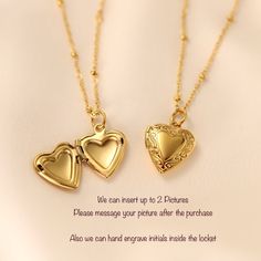 "✨ GOLD HEART LOCKET PENDANT NECKLACE ✨ ✨All chains and pendants are electroplated Gold over Stainless steel. It will not change color and can be worn in water. Our jewelry is made to last, anti-tarnish, higher durability than a regular gold-plated material, perfect for everyday wear. ✨ If you would like us to insert a picture, please send us a picture after the picture. we can print it and cut and insert for free. however we don't accept returns due to the picture not printed inserted well you Big Heart Necklace, Small Heart Necklace, Gold Heart Locket, Picture Locket, Photo Locket Necklace, Engraved Initials, Heart Locket Necklace, Locket Pendant Necklace, Jewelry Lockets