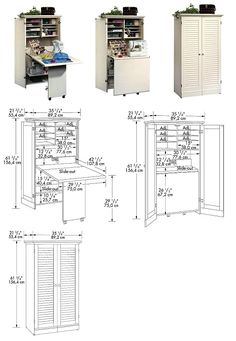 the drawing shows three different types of storage cabinets and an office desk with drawers on each side