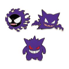 three cartoon characters are depicted in purple and red colors, one is an angry cat