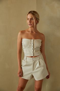 cream vegan faux leather strapless tube top with buttons - bustier stitched top - faux leather bustier top Leather Bustier Top, Faux Leather Shorts, Hey Babe, American Threads, Leather Bustier, Coffee Dates, Strapless Bustier, Strapless Neckline, Corsets And Bustiers