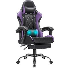 a black and purple office chair with an arm rest on it's backrest