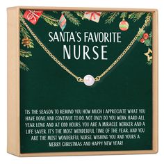 santa's favorite nurse necklace in gift box with poem on front and message below