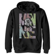 Who knew that dressing "mousey" could be so cute!? Celebrate Walt Disney's most iconic character with these officially licensed Mickey Mouse and Friends styles! This adorable, distressed Boys' Hoodie features "Minnie" printed in large, colorful panels with Minnie posing over them. This Hoodie will be perfect for your next trip to Disneyland. Size: xl. Color: black. Gender: male. Age Group: kids. Pattern: Mice. Material: Cotton. Black Mickey Mouse Hoodie, Disney Hoodie With Cartoon Print For Winter, Black Mickey Mouse Hooded Hoodie, Disney Cotton Hoodie With Cartoon Print, Disney Cartoon Print Hoodie For Winter, Disney Character Print Black Sweatshirt, Disney Cartoon Print Winter Hoodie, Disney Style Winter Hoodie With Cartoon Print, Black Disney Character Print Sweatshirt